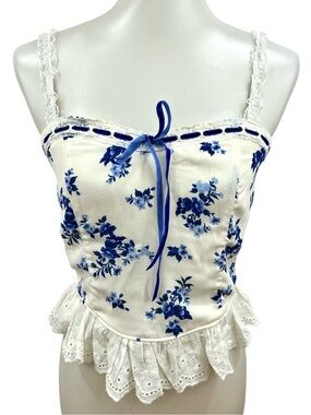 Thirty Thirty Modcloth French Floral Peplum Sweetheart Camisole Crop Tank Top